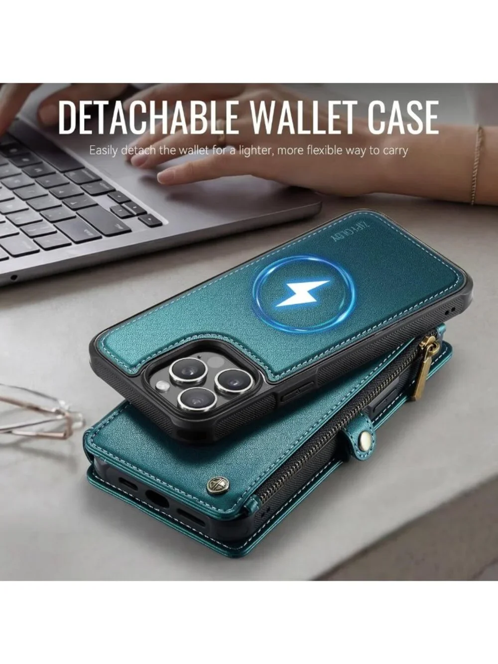 Turquoise Magnetic Detachable Wallet Phone Case for iPhone 14 Pro - Stylish